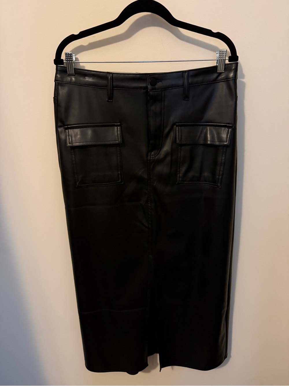 Black Faux Leather Cargo Pencil Skirt with Front Slit